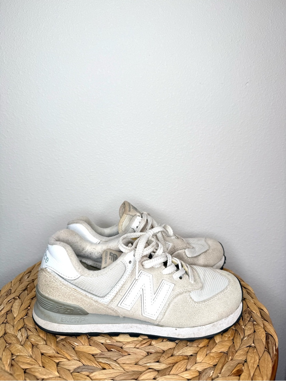 New Balance 574 Core Sneakers in Nimbus Cloud and White Colorway Retro Shoe